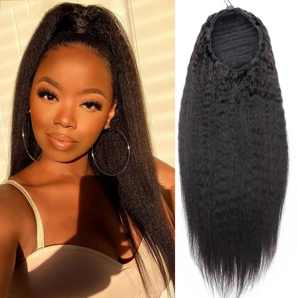 Stema Kinky Straight Drawstring Ponytail With Clips 100% Human Hair Extensions